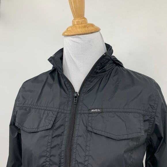 RVCA Jacket Womens S Small Black Bay Breaker Full Zip Hidden Hood Lightweight - Picture 3 of 13